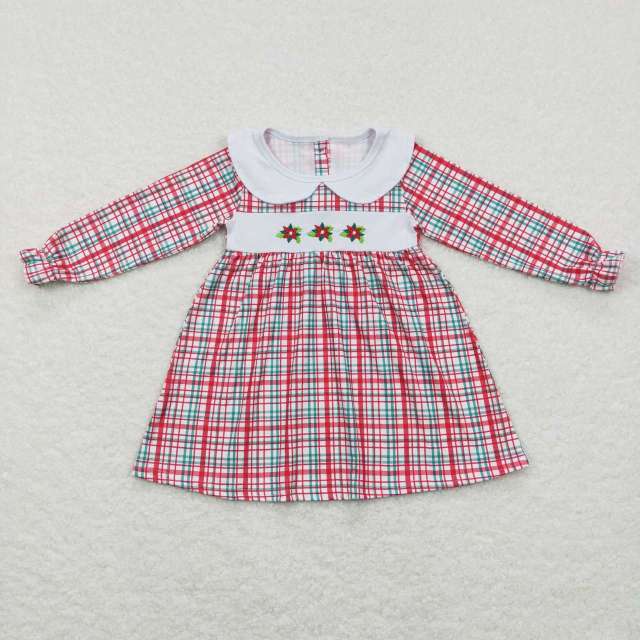 GLD0470 Factory made embroidered Christmas flower embroidered red plaid long sleeve dress