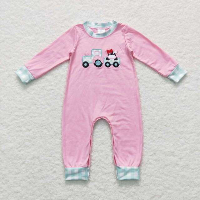 LR0376 Embroidered Cow Tractor Blue Plaid Pink Long Sleeve Jumpsuit