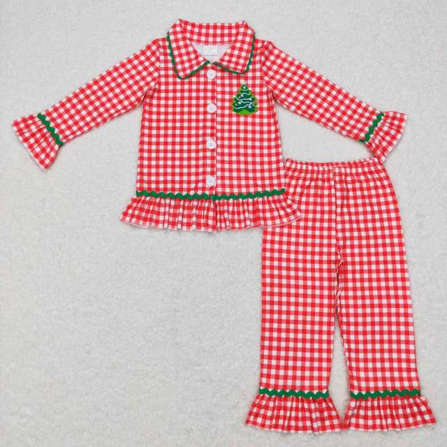 GLP0854 Embroidered star Christmas tree red and white plaid lace long-sleeved pants suit
