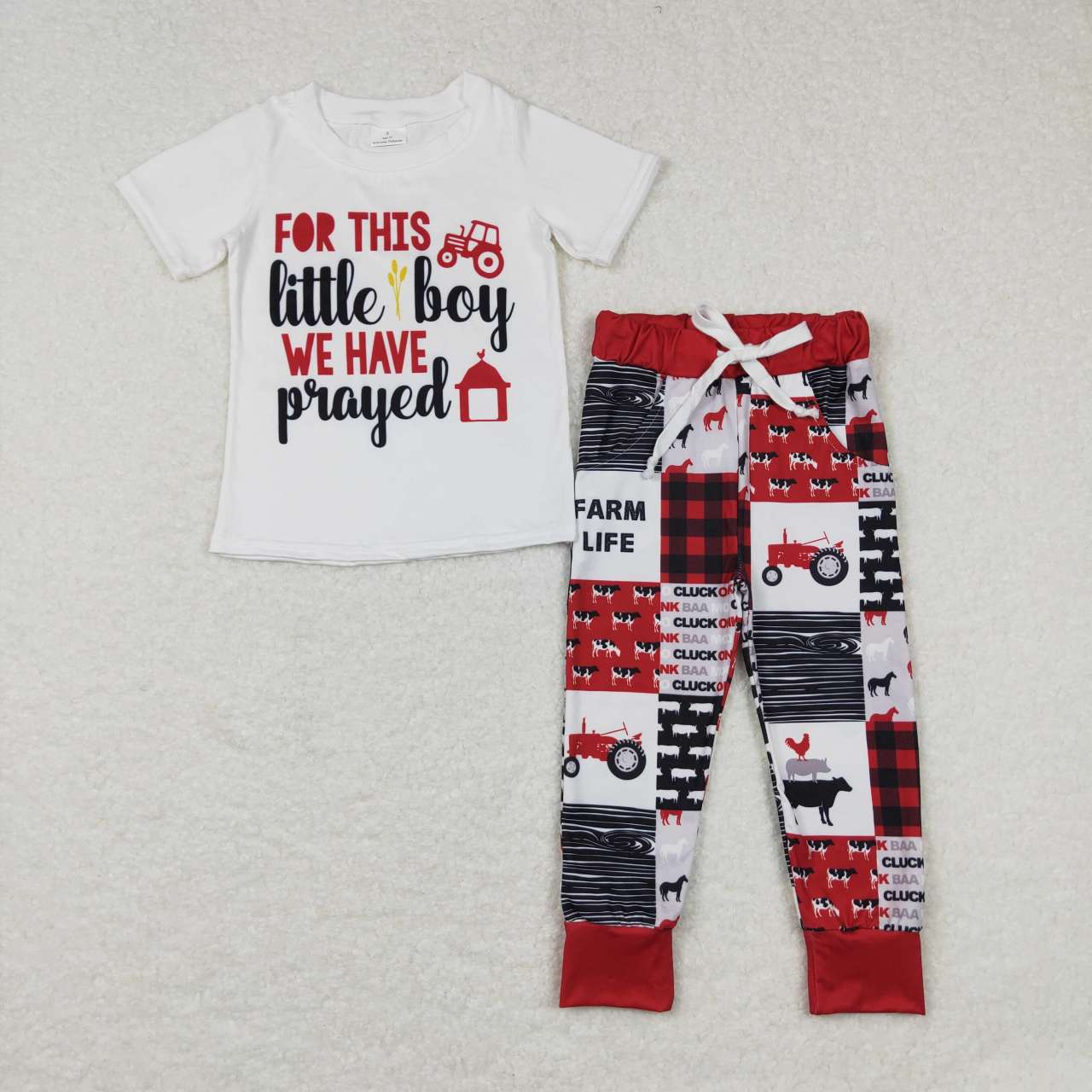 BSPO0171 little boy letter farm animal plaid red and white short sleeves pants set