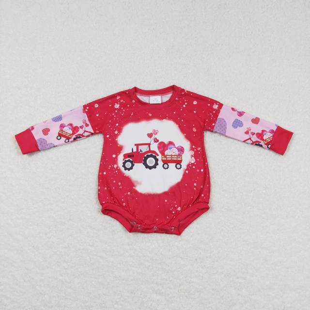 LR0773 Plaid Love Truck Tractor Pink Long Sleeve Jumpsuit