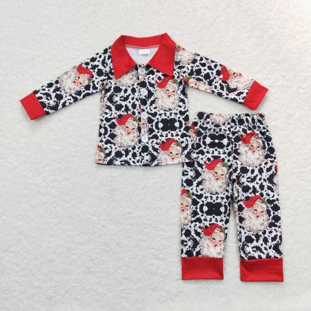 BLP0185 Santa cow pattern red collar with buttons, long sleeves pants set