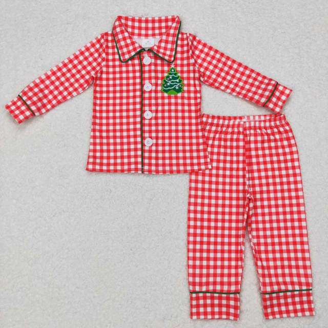 BLP0378 Embroidered star Christmas tree red and white plaid long-sleeved pants suit