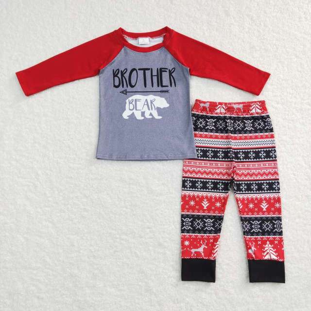 BT0449  P0342 brother bear polar bear red gray long sleeve top Snowflake Reindeer Red and Black Pants set