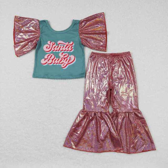 GT0286 P0181 santa baby brick red satin hot stamping bell sleeves green top satin hot stamping pants 2 pieces suit