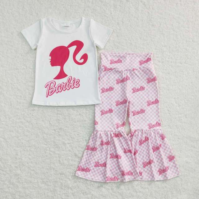 GSPO0876 barbie avatar white short sleeve pink plaid pants set