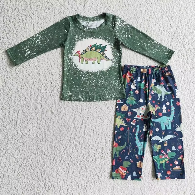 BLP0105 Boys Christmas Dinosaur Green Long Sleeve Pants Suit