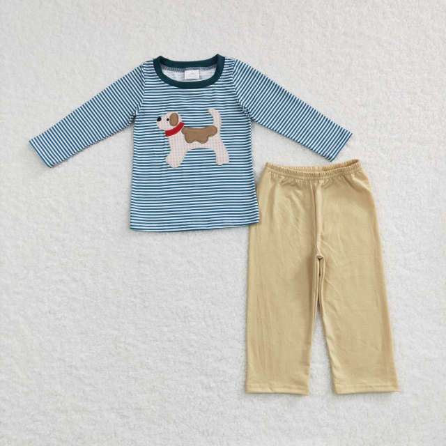 BLP0380 Embroidery plaid puppy blue and white striped long sleeves beige long pants Set