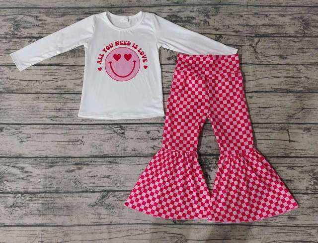 Pre-order girls summer clothes smiley white long sleeve rose red pants set