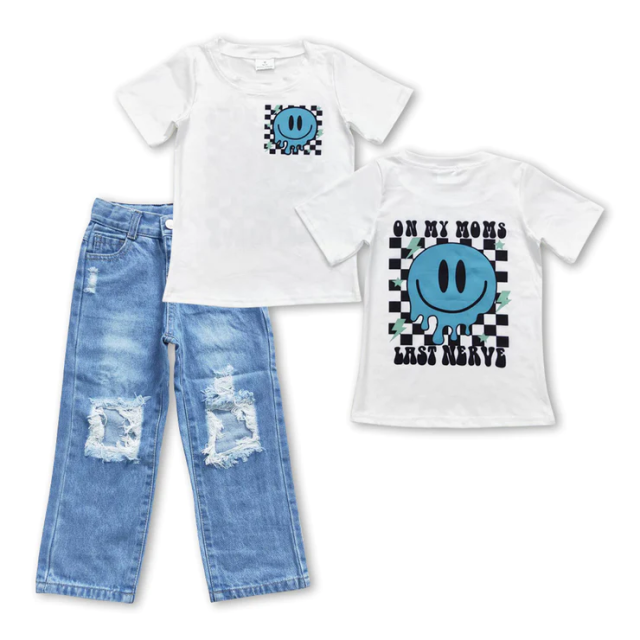 BT0351 D4-16 on my moms last nerve letter smiley plaid white short sleeve top boys ripped jeans