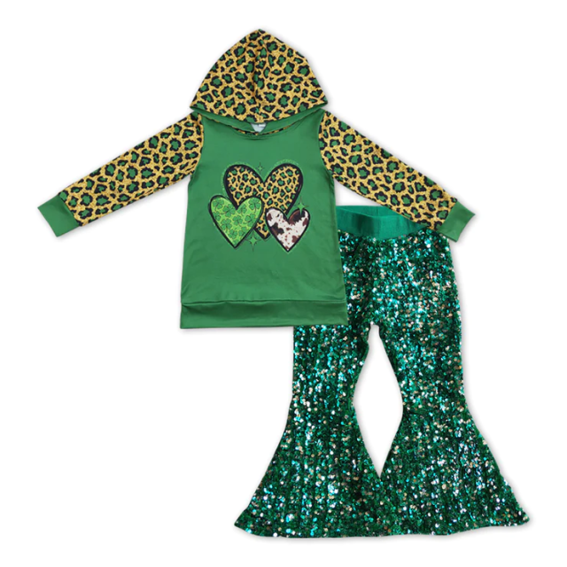 GT0074 P0033 Girls leopard print love green hooded long-sleeved top green sequins Pants Suit