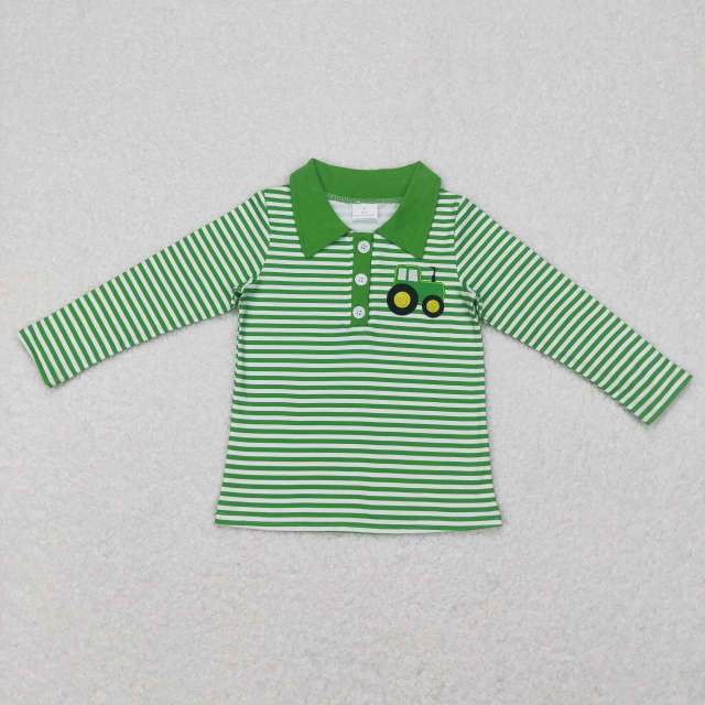 BT0405 Tractor green and white striped collared long-sleeved top