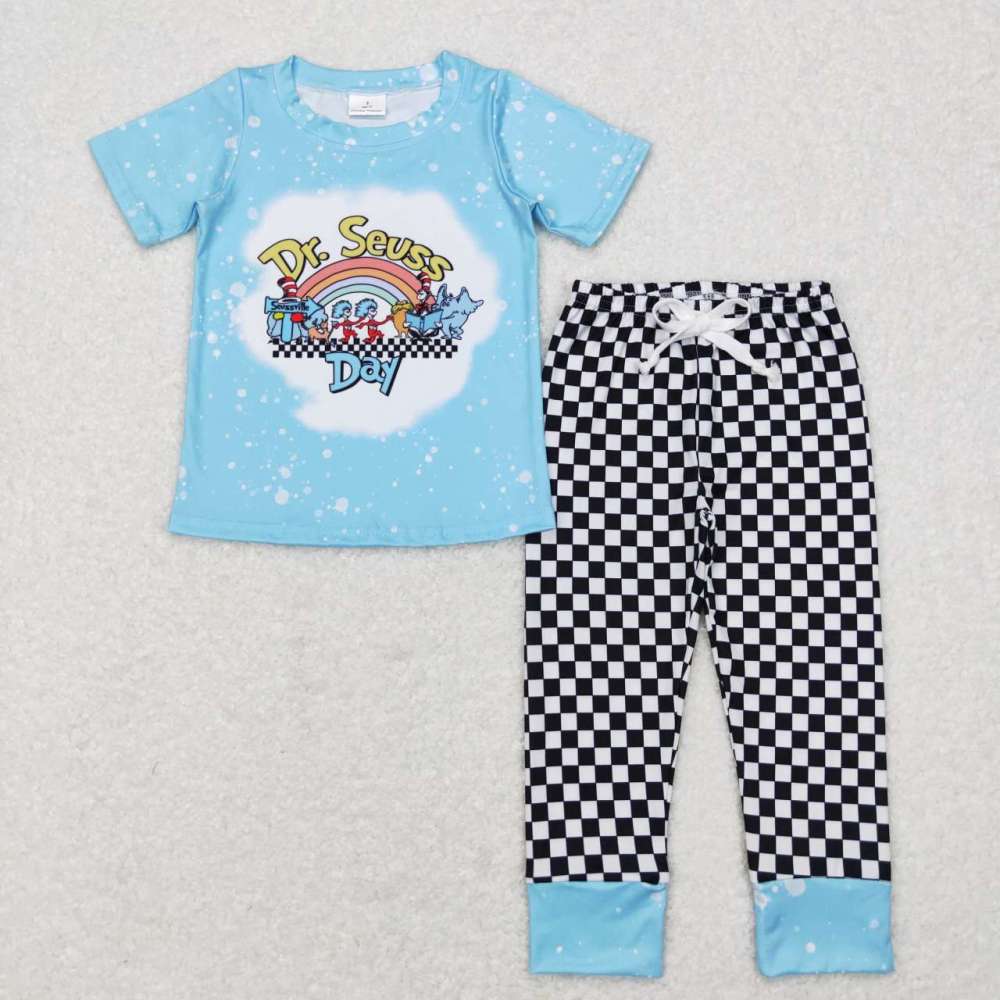 BSPO0177 dr seuss rainbow blue short sleeve black and white plaid Pants Suit