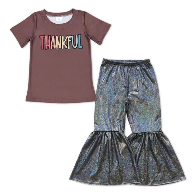 BT0327 P0195 brown short-sleeved top with thankful letters Black satin bronzing pants