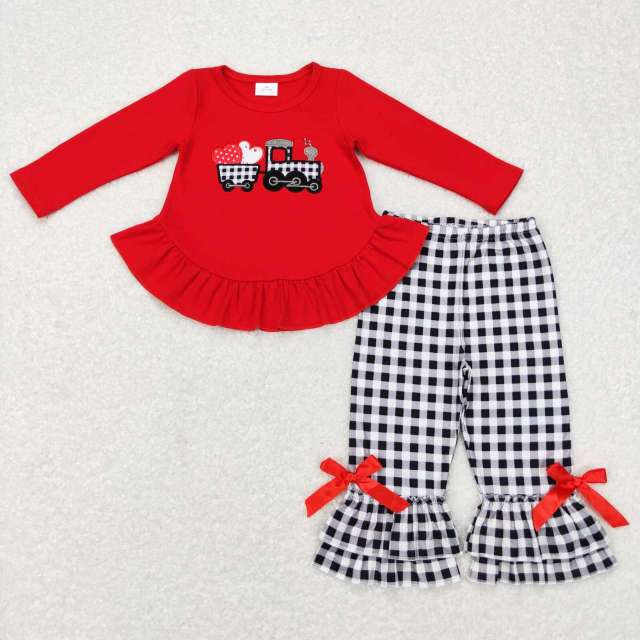 GLP0908 Embroidery Love Tractor Red Lace Long Sleeve Black and White Plaid Pants Suit