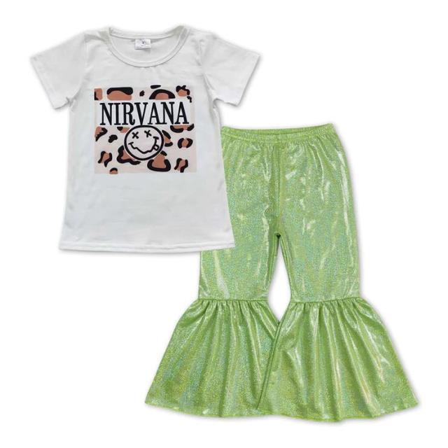 GT0230 P0189 nirvana lettering leopard print white short-sleeved top Green satin bronzing pants