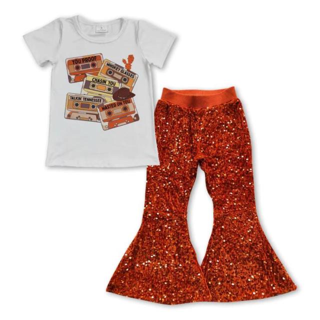 GT0131 P0147 GIRLS YOUR PROOF TAPE WHITE SHORT SLEEVE TOP Orange-red sequined pants
