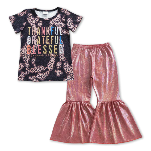 GT0193 P0181 thankful grateful blessed colorful lettered leopard print short sleeve top Brick red satin gilded pants
