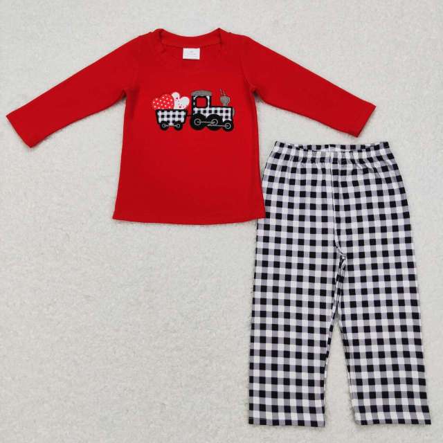 BLP0403 Embroidery Love Tractor Red Long Sleeve Black and White Plaid Pants Suit