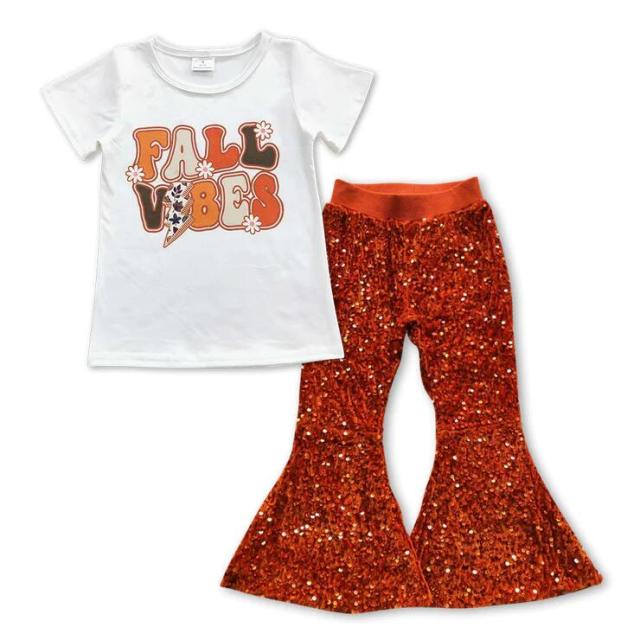 GT0277 P0147 fall vibes lightning white short sleeve top Orange-red sequined pants