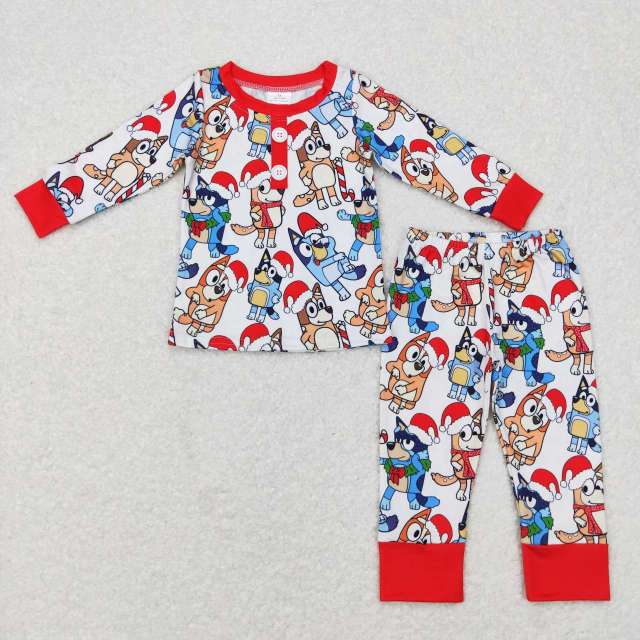 BLP0413 Cartoon Christmas hat bluey red and white long sleeve Pants Suit