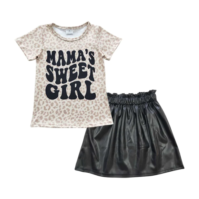 GT0185 GLK0013 mama's sweet girl leopard print light khaki short sleeves Black glossy skirt