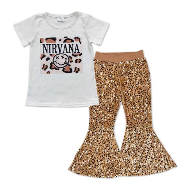 GT0230 P0110 nirvana lettering leopard print white short-sleeved top Khaki sequined pants