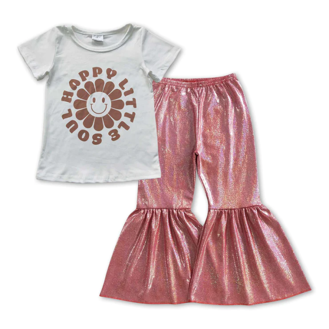 GT0222 P0181 happy little soul smiley face flowers on white short sleeves Brick red satin gilded pants