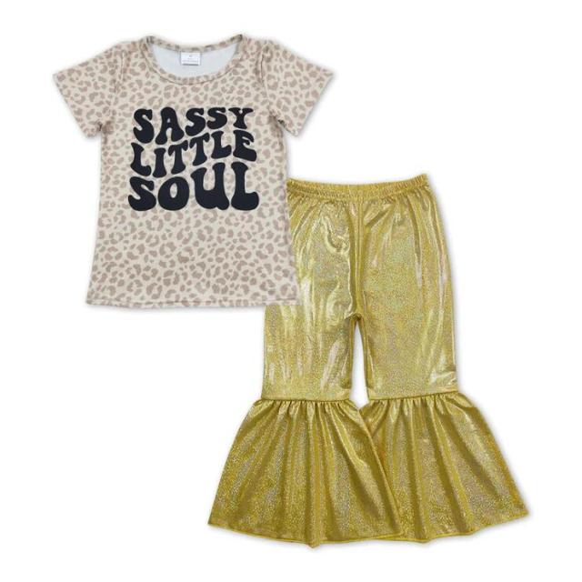 GT0184 P0182 sassy little soul leopard print khaki short sleeve top Bright yellow satin bronzing pants