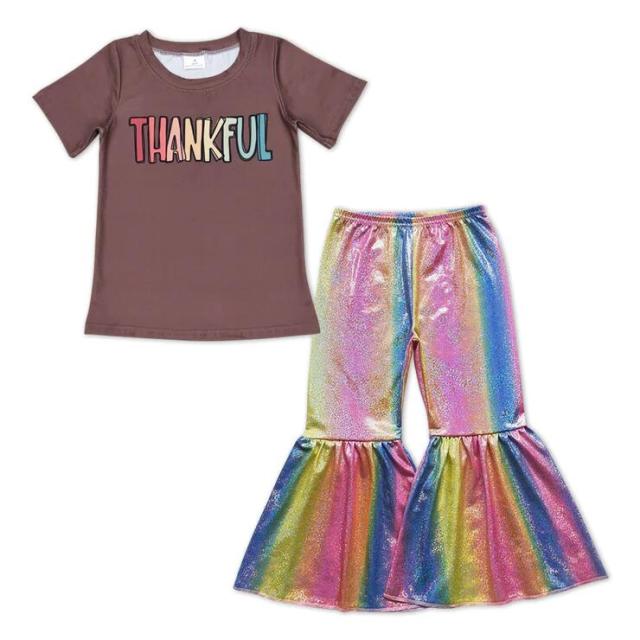 BT0327 P0178 brown short-sleeved top with thankful letters Colorful satin bronzing pants