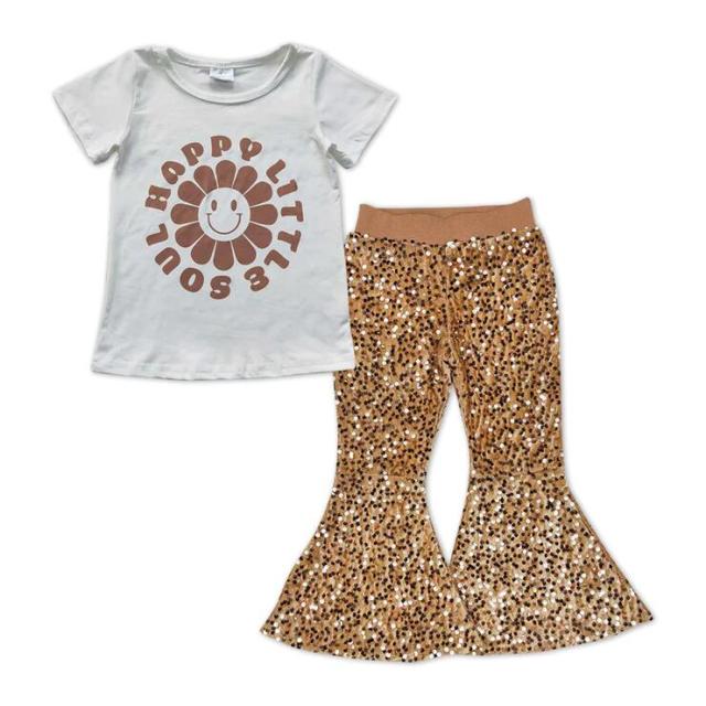 GT0222 P0110 happy little soul smiley face flower white short-sleeved top Khaki sequined pants