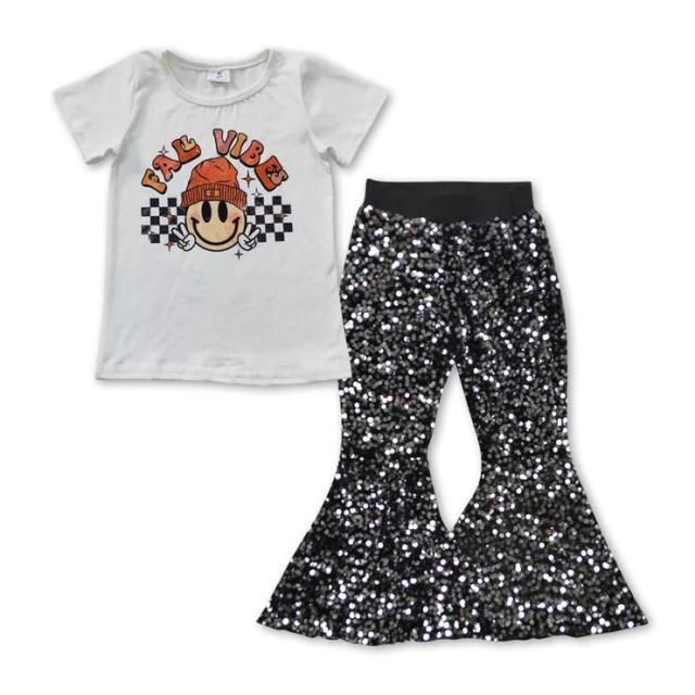 GT0278 fall vibes smiley white short-sleeved top Black sequined flared pants
