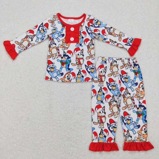 GLP0984 Cartoon Christmas hat bluey lace red and white long sleeve Pants Suit