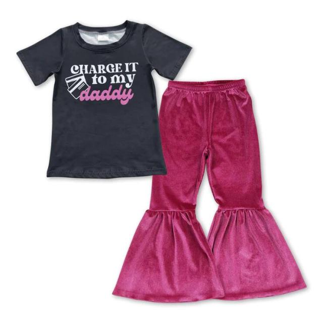 GT0314 P0224 charge it to my daddy black short sleeve top with lettering Rose gold velvet pants