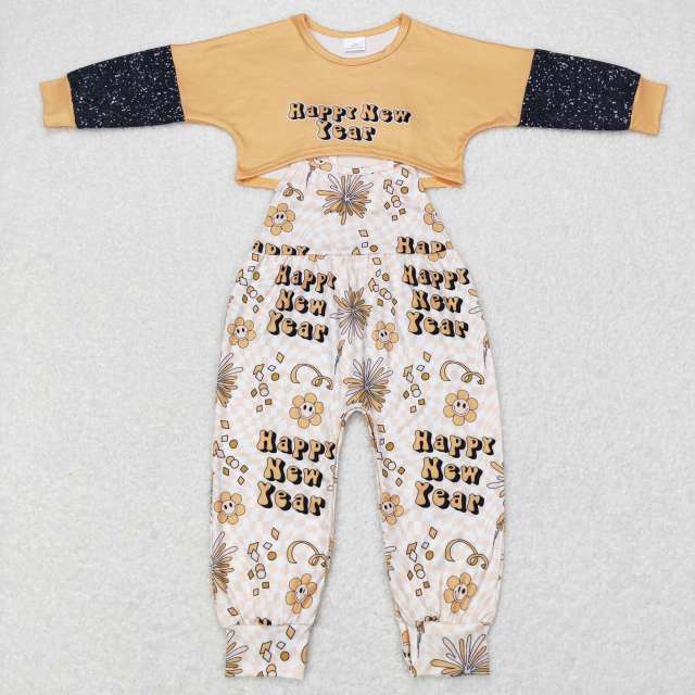GLP0917 happy new year smiley plaid yellow long sleeve suspender jumpsuit pants suit