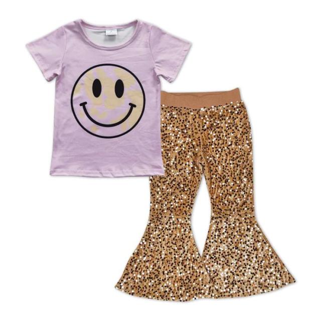 GT0192 P0110 Smiley pink short-sleeved top Khaki sequined pants