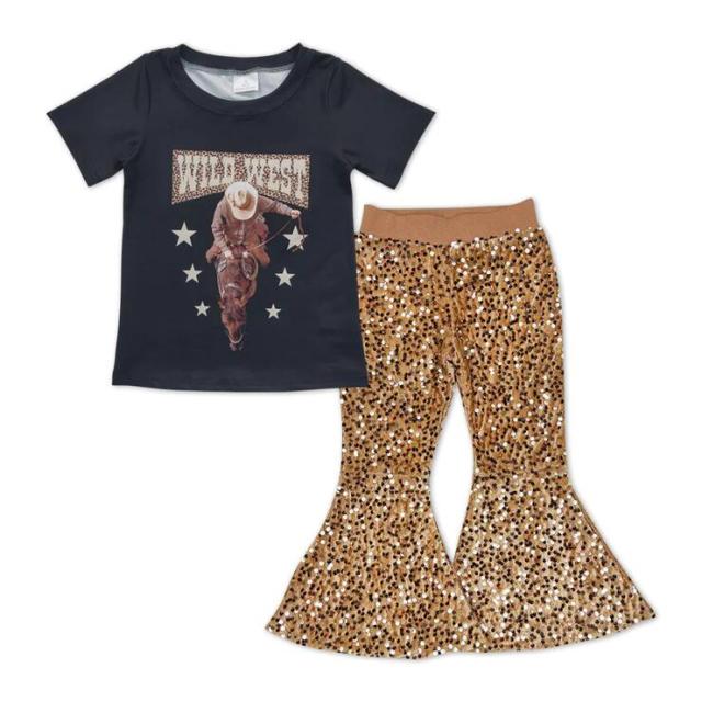 GT0152 P0110  Girls WILD WEST Horse Riding Black Short Sleeve Top Khaki sequined pants