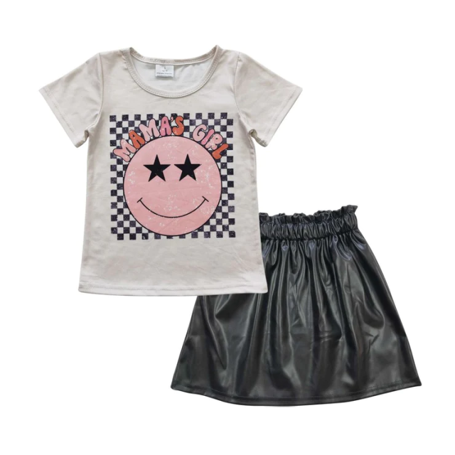GT0173 GLK0013  Girl mamas girl smiley star short-sleeved top Black glossy skirt