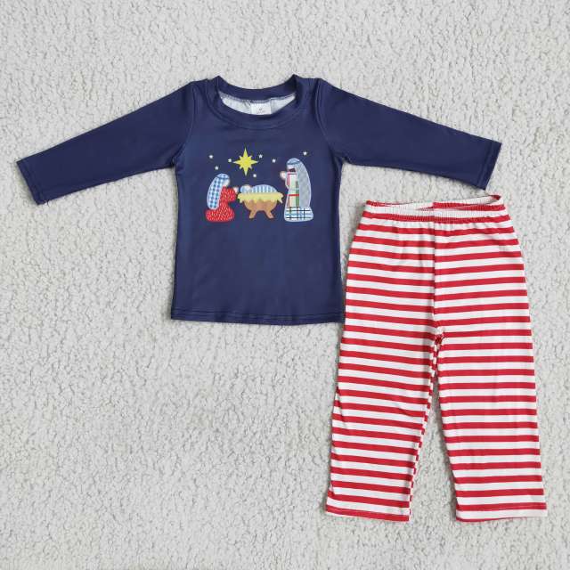 6 A20-17 Boys Blue Long Sleeve Jesus Top Red Striped Pants