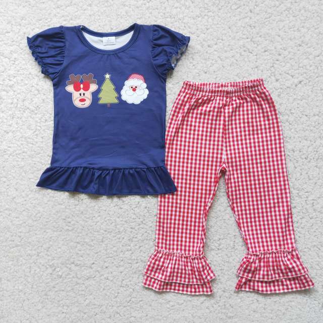 D1-2 Christmas tree blue short-sleeved top and red plaid trousers suit