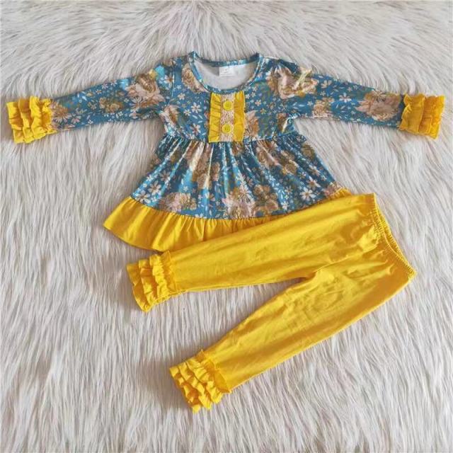 6 A33-17 Floral blue top and yellow lace pants suit