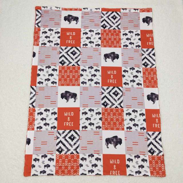 BL0072 wild & free bull letter geometric pattern orange gray plaid baby blanket