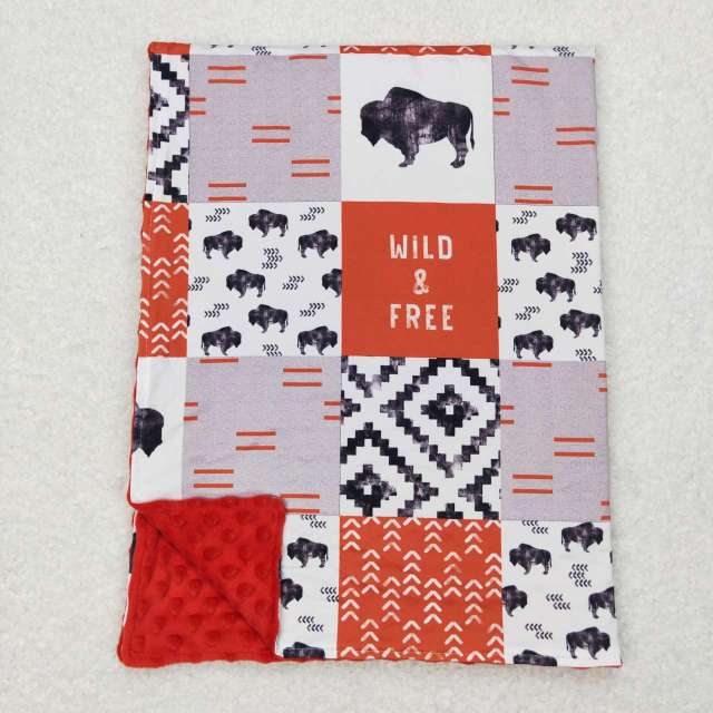 BL0072 wild & free bull letter geometric pattern orange gray plaid baby blanket