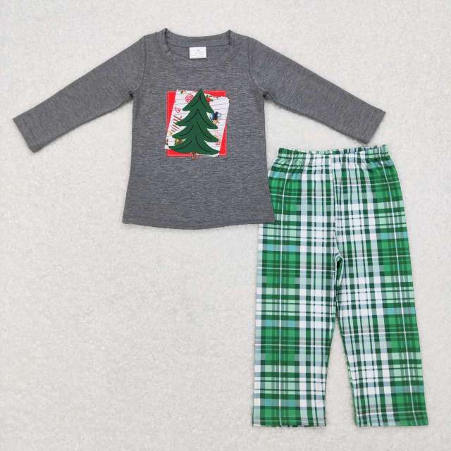 BLP0351 Embroidered Christmas tree gray long-sleeved green plaid pants suit