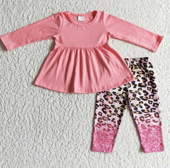 GLP0108 Girls Pink Leopard Print Long Sleeve Pants Suit