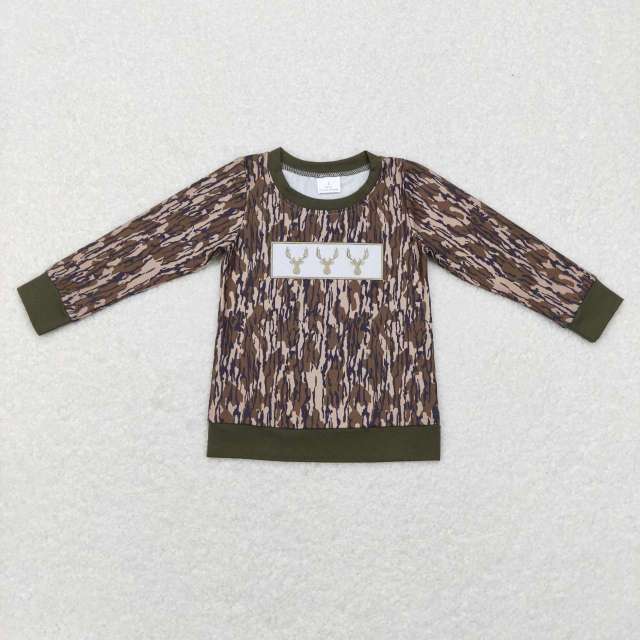 BT0377 Embroidered Elk Camouflage Dark Long Sleeve Top