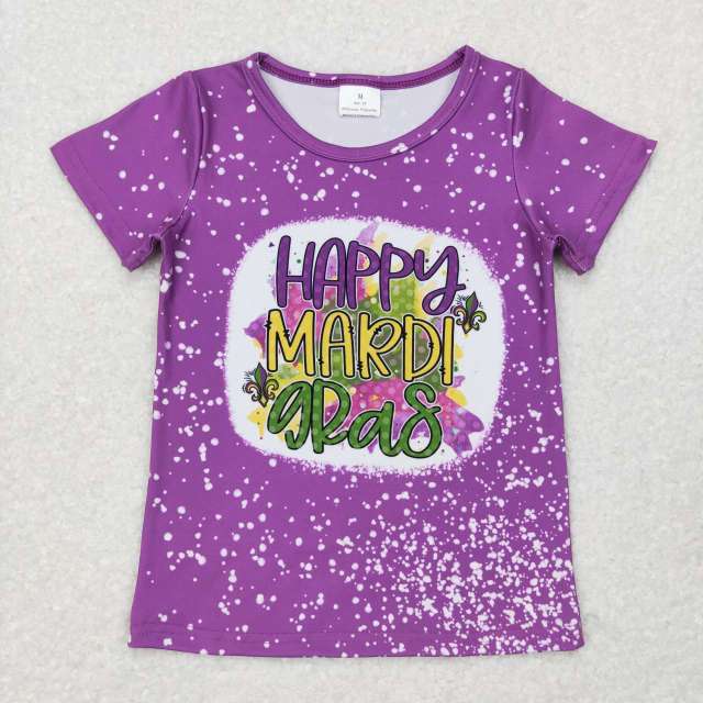 GT0374 happy mardi gras letter purple short sleeve top