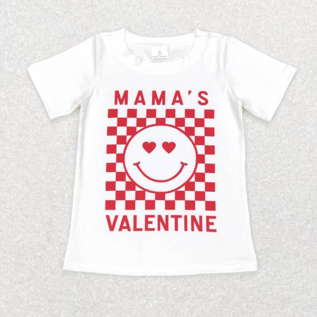BT0445 mama's valentine letter smiley red plaid white short-sleeved top