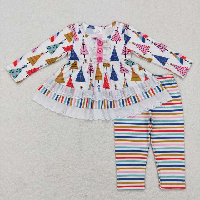 GLP0953 Colorful Christmas Tree Pine Lace White Long Sleeve Stripes Pants Suit