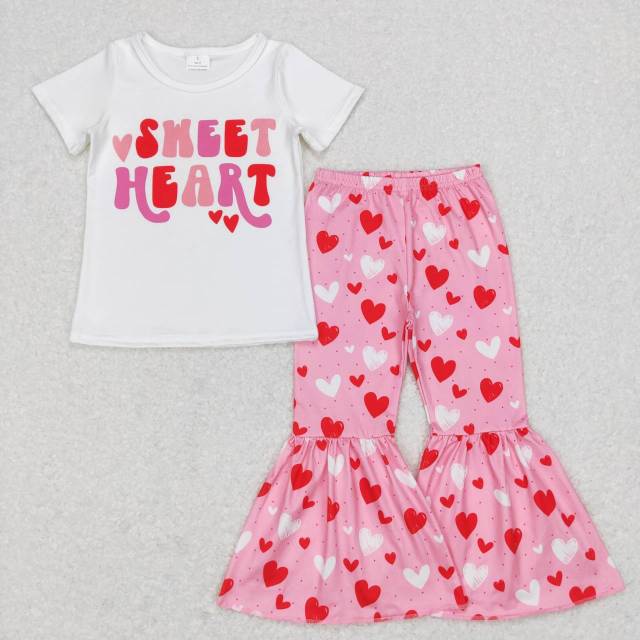 GSPO0984 sweet heart letters white short sleeve love pink long Pants Suit